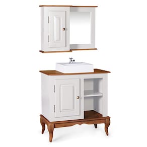 Gabinete para Banheiro com Cuba e Armário Espelheira Dália 3051 - Off White/Imbuia Glazer