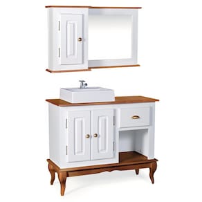 Gabinete para Banheiro 2 Portas com Cuba e Espelheira Dália 3058 - Branco/Imbuia Glazer