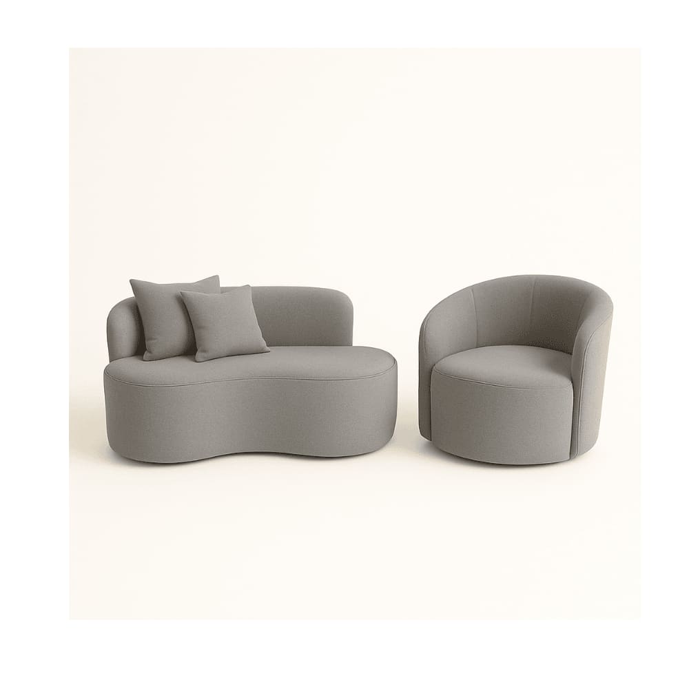 Conjunto 01 Poltrona + Sofá Curvo Orgânico Nature Gaia Suede Cinza - Montanaris Decor