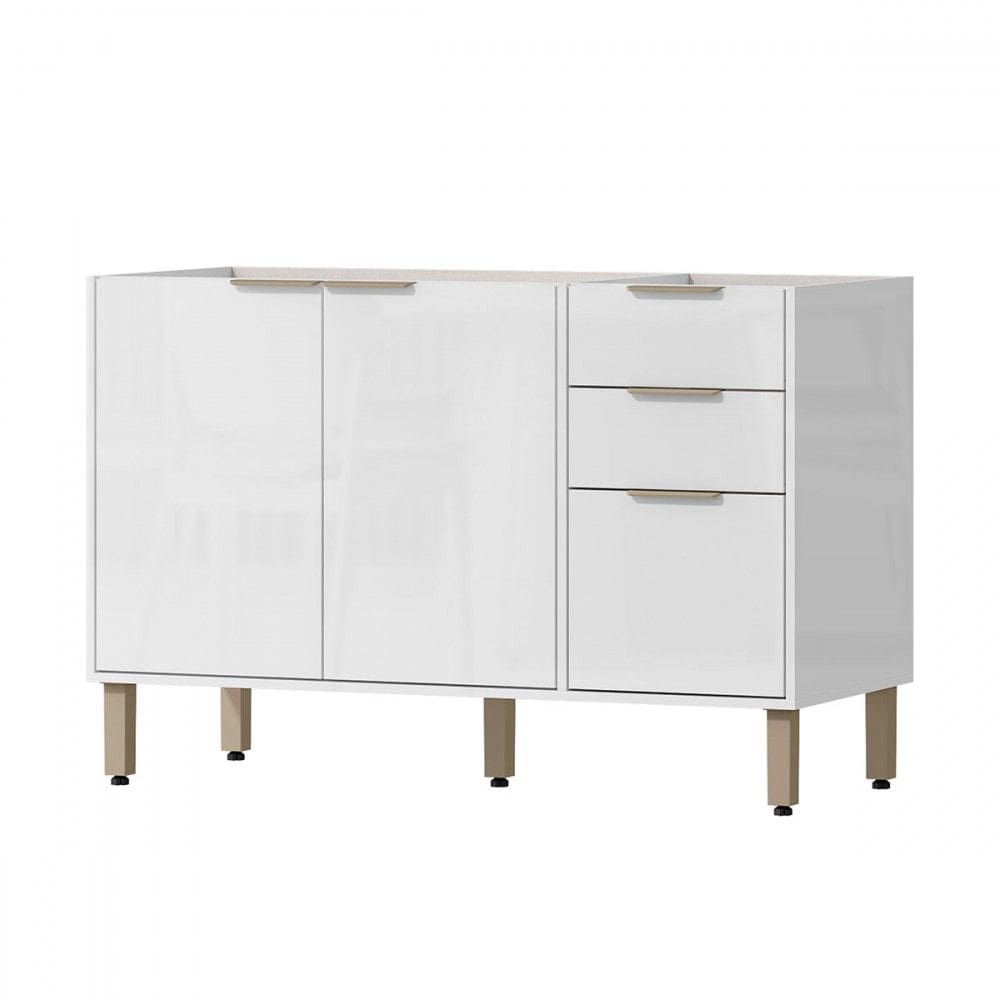 Balcão de Cozinha para Pia 120 Cm Estela 3 Portas 2 Gavetas Branco Neve - Pnr Móveis