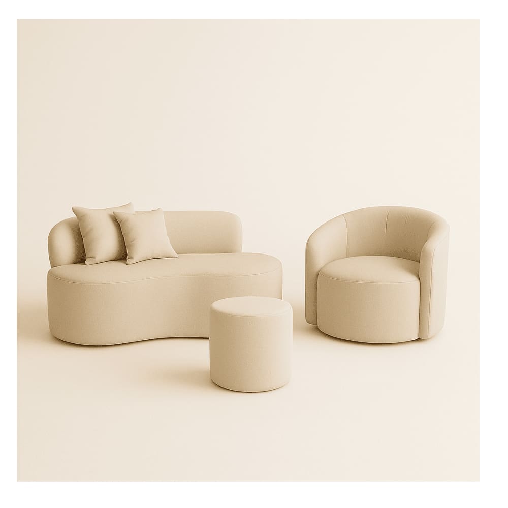 Conjunto 01 Poltrona + Sofá  e 1 Puff Curvo Orgânico Nature Gaia Boucle Bege - Montanaris Decor