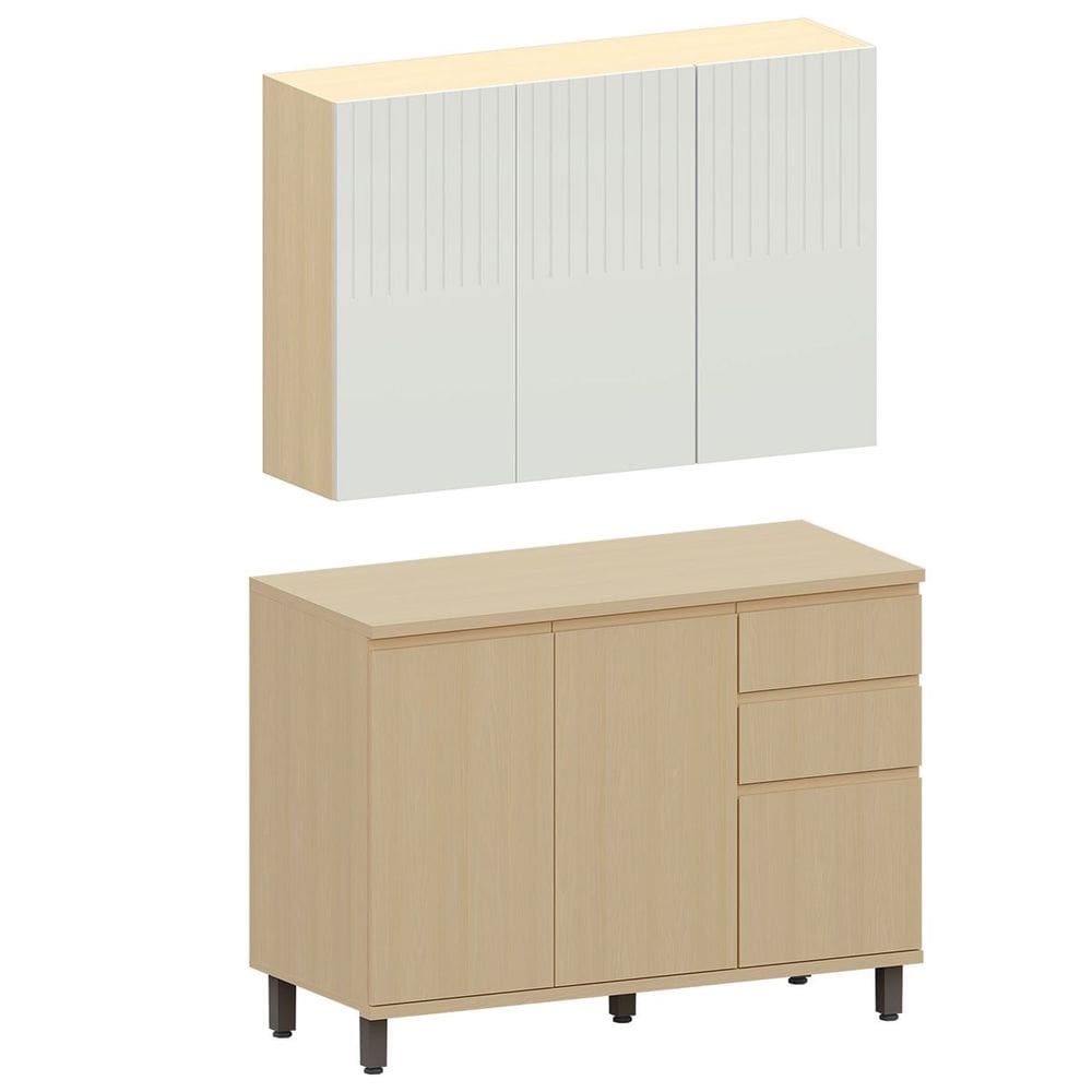 Kit Armário Aéreo 3 Portas e Balcão de Cozinha 120 cm Aurora