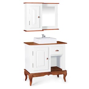 Gabinete para Banheiro com Cuba e Armário Espelheira Dália 3064 - Branco/Imbuia Glazer