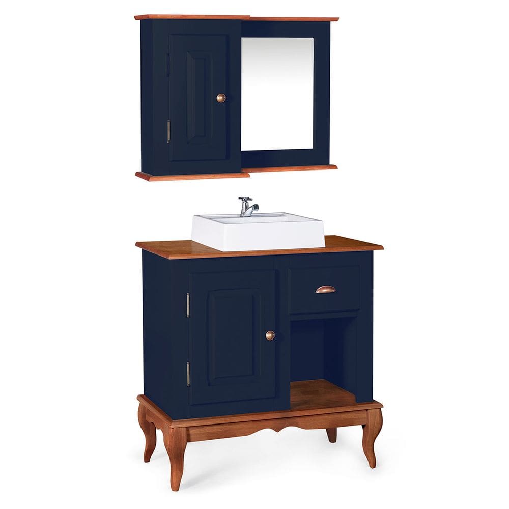 Gabinete para Banheiro com Cuba e Armário Espelheira Dália 3064 - Azul Petróleo/Imbuia Glazer