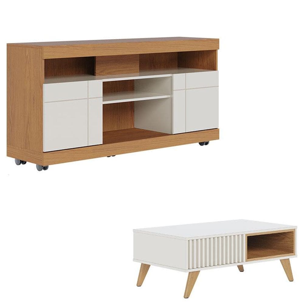 Rack Bancada Yara Freijó Off White com Mesa de Centro Jeri Off White Freijó - Colibri