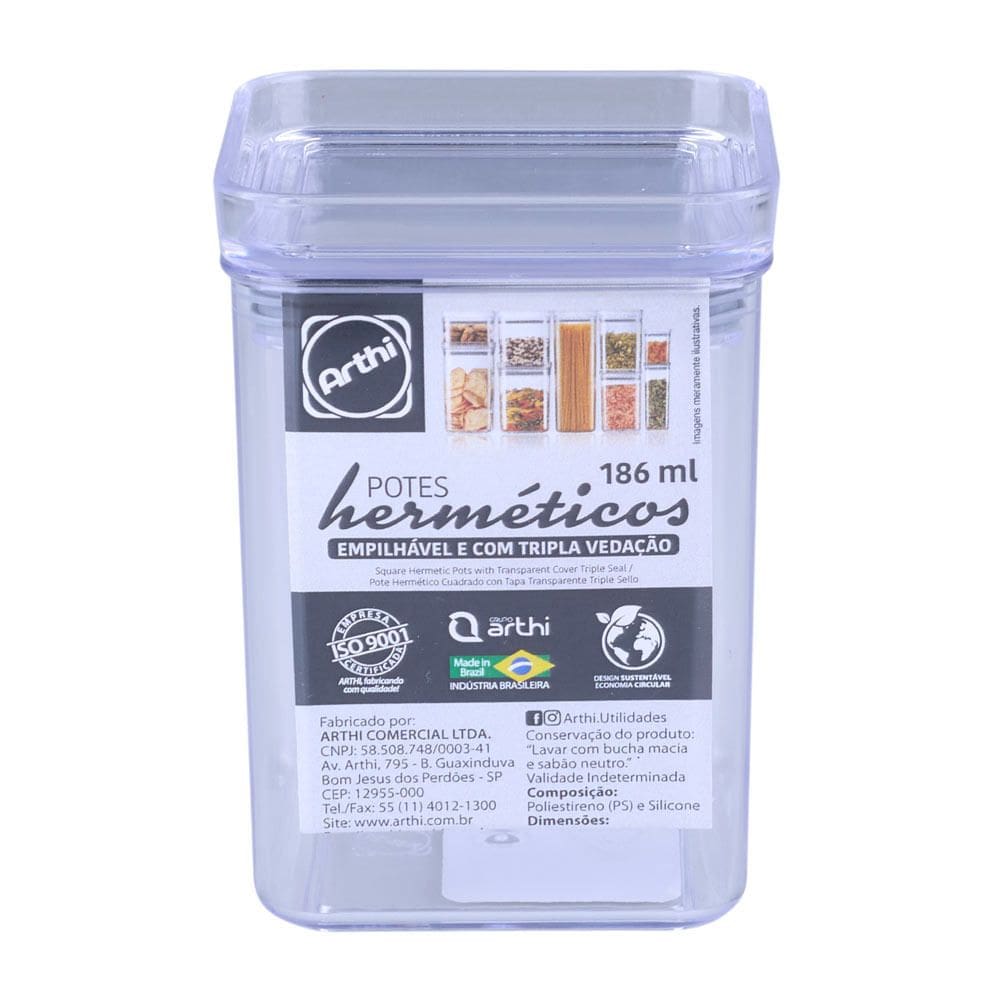 Porta Mantimento Hermética Quadrada 186Ml Arthi