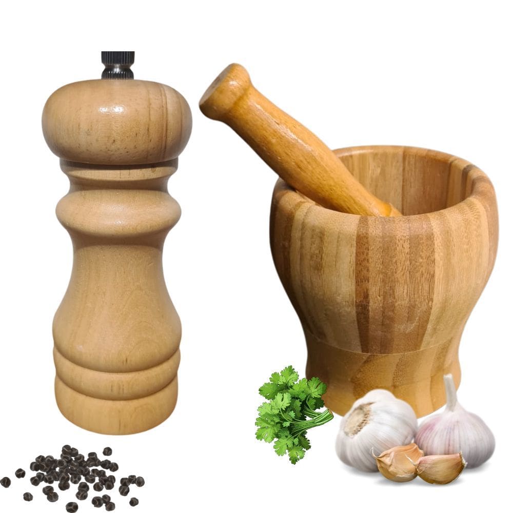 Kit Moedor Manual de Pimenta Tempero e Pilão com Socador Madeira Bambu