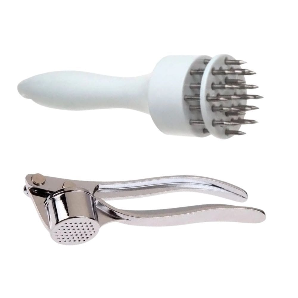 Kit Amaciador Batedor De Carne Bife Com Furador Manual + Espremedor Amassador de Alho em Aço Inox