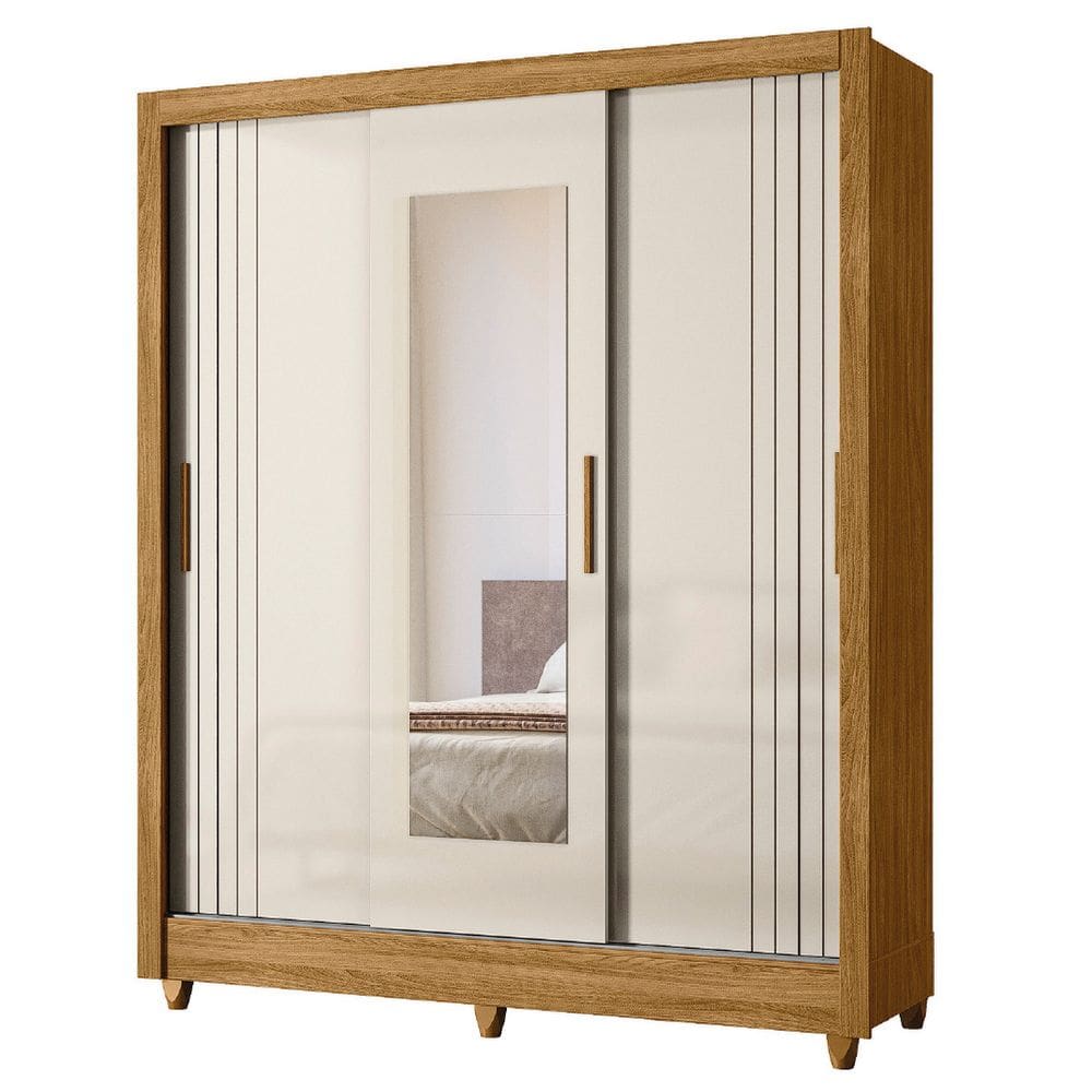 Guarda Roupas Casal Frisado C/ Espelho 3 Portas De Correr 2 Gavetas Bolívia Madeirado/Off White