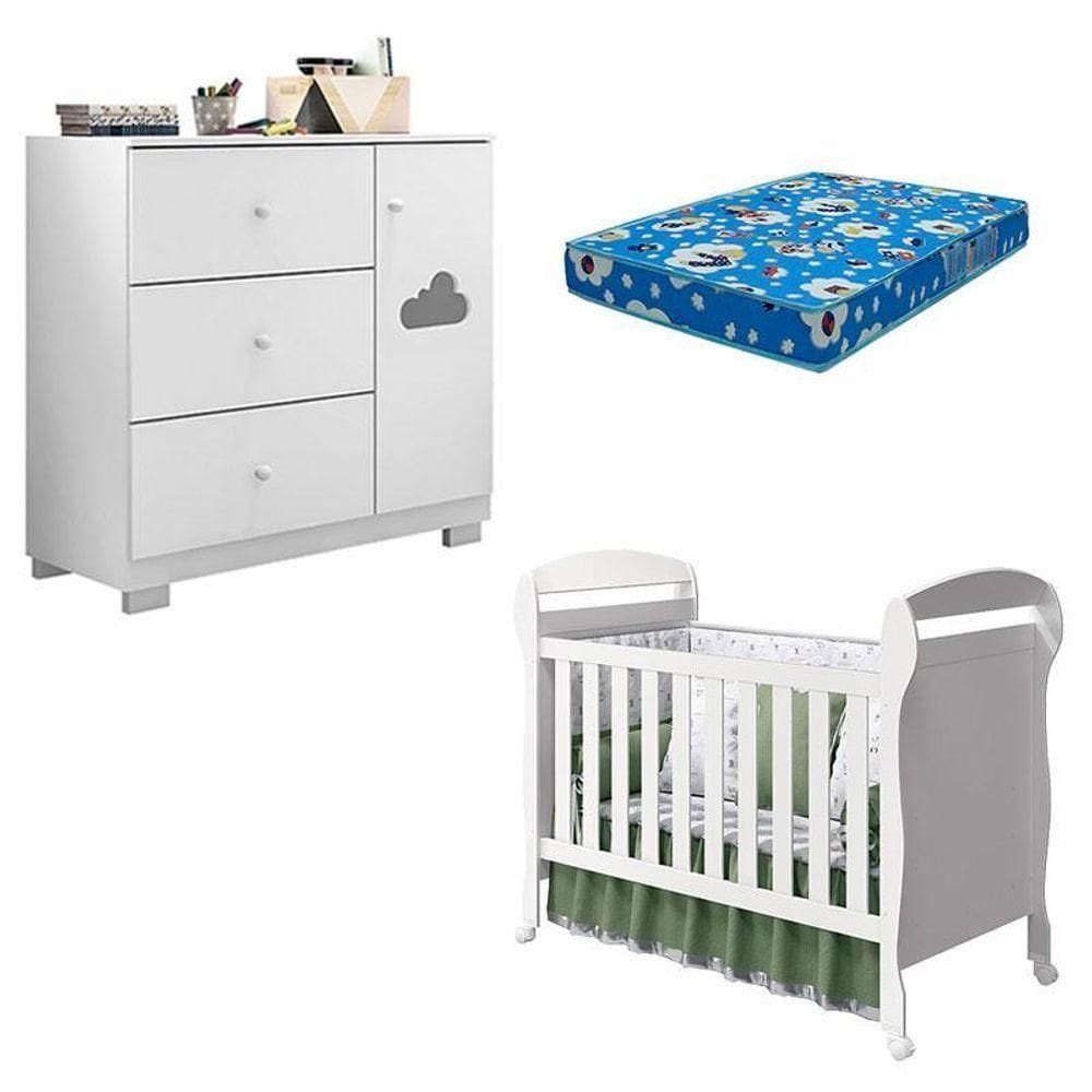 Berço Americano Danny E Cômoda Infantil Ane Branco Brilho Com Colchão Ortobom – Phoenix Baby