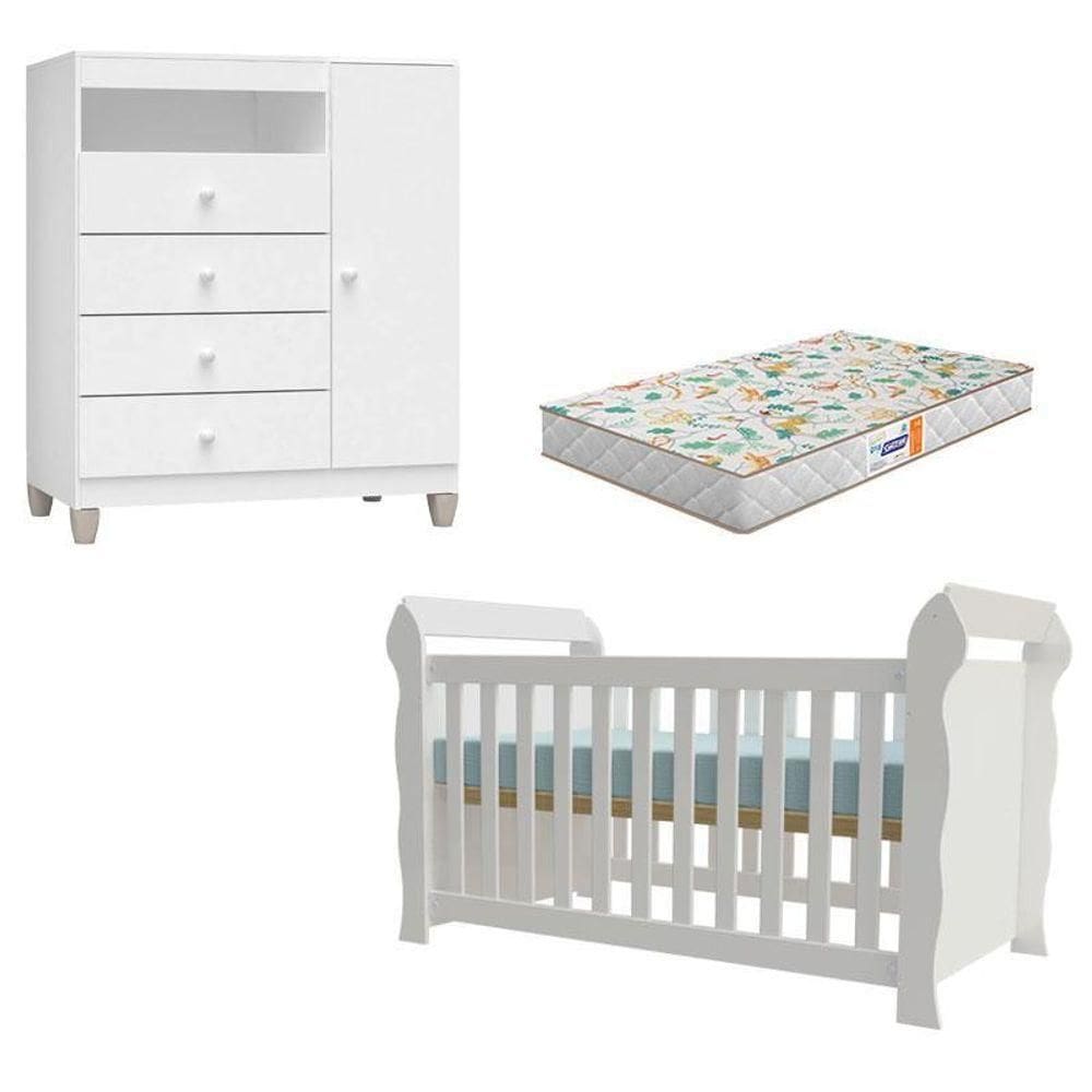 Berço Americano Lara Com Colchão Gazin E Cômoda Infantil Ternura Baby Branco Brilho - Incorplac