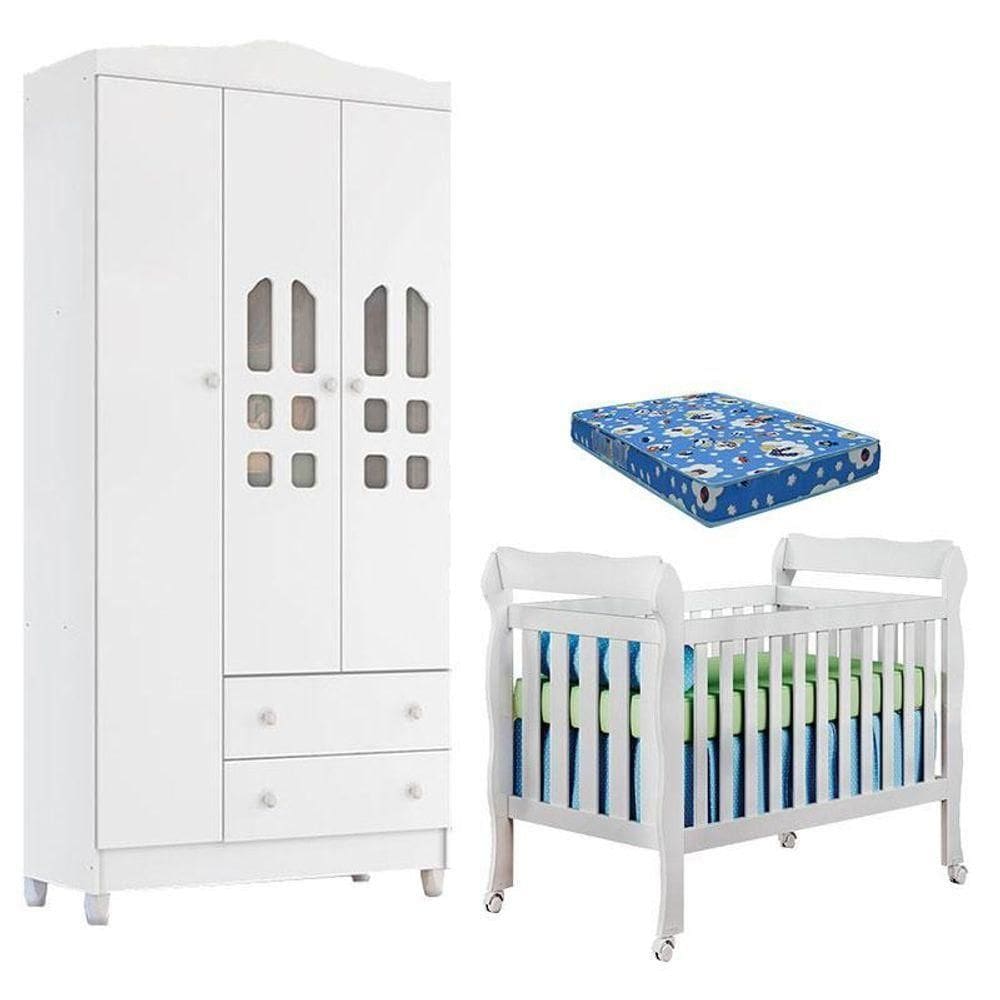 Berço Americano Lila E Guarda Roupa Infantil New Selena 3 Portas Branco Brilho Com Colchão Ortobom – Carolina Móveis