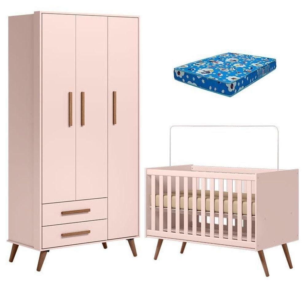 Berço Americano 3820 E Guarda Roupa Roupa 3830 Retrô Rosa Com Colchão Da Ortobom - Qmovi