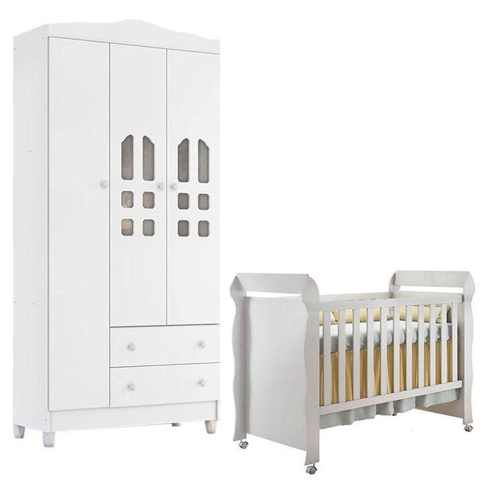 Berço Americano Mirelle E Guarda Roupa New Selena 3 Portas Branco Brilho – Carolina Móveis