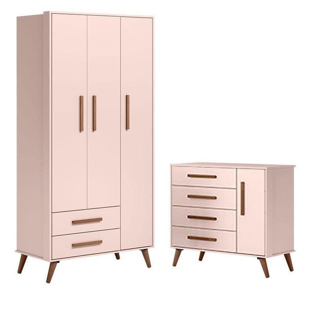Cômoda 3825 E Guarda Roupa 3830 Retrô Rosa - Qmovi