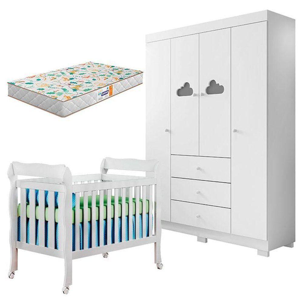 Berço Americano Lila E Guarda Roupa Infantil Ane Branco Brilho Com Colchão Gazin – Phoenix Baby
