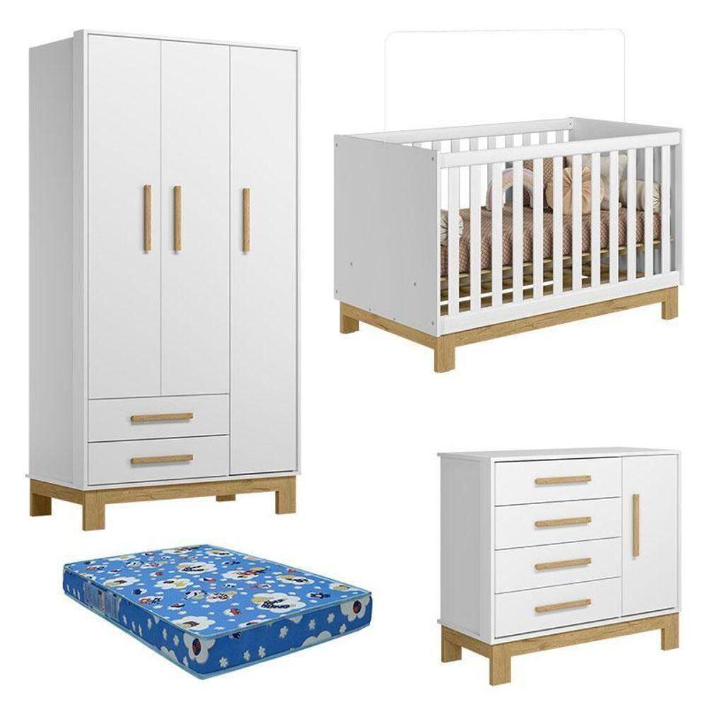 Quarto De Bebê Slim Branco Acetinado Com Colchão Ortobom – Qmovi