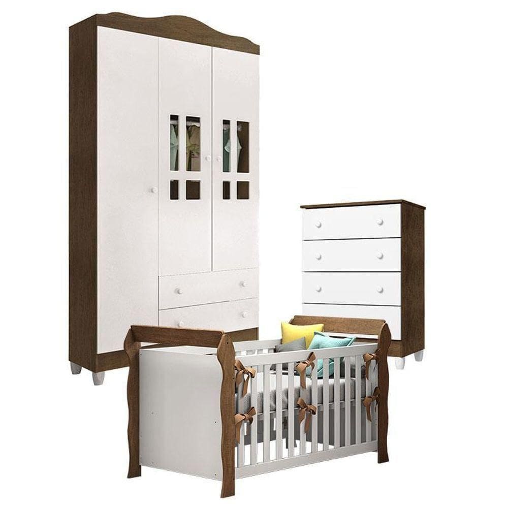 Quarto De Bebê Ariel 3 Portas Com Gaveteiro E Berço Lara Branco Acetinado Amadeirado – Carolina