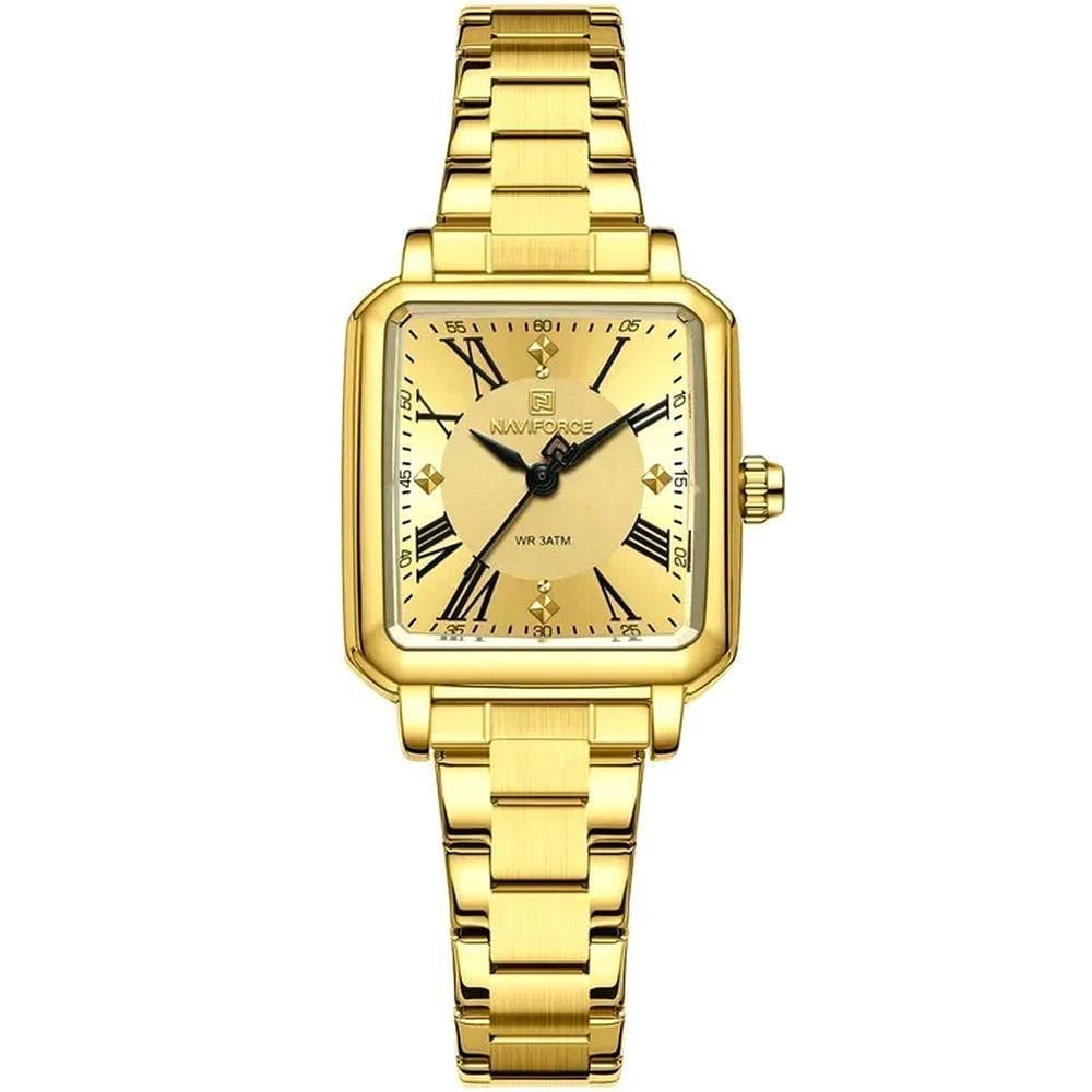 Relógio Feminino Mostrador Quadrado Ponto De Luz Em Aço Inoxidavel Impermeavel Dourado