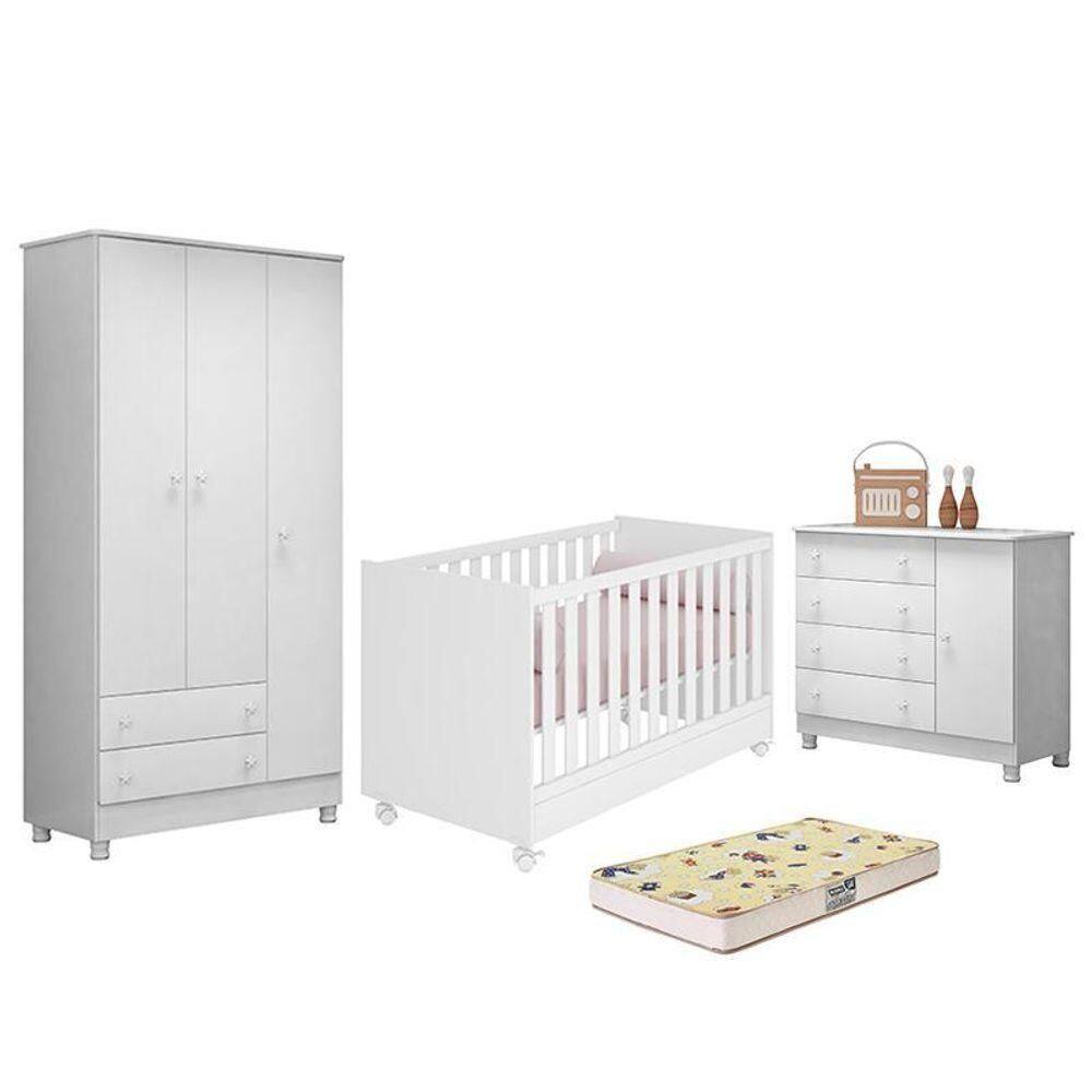 Dormitório Doce Sonho 3 Portas, Cômoda 1 Porta, Berço Mini Cama Branco Com Rodízio E Colchão D18 - Qmovi Branco