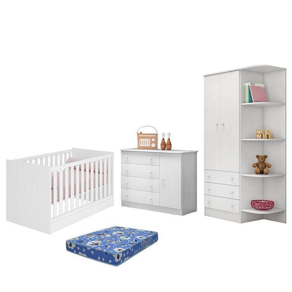 Dormitório Doce Sonho 2 Portas, Cômoda 1 Porta E Berço Mini Cama Branco Com Colchão - Qmovi Branco