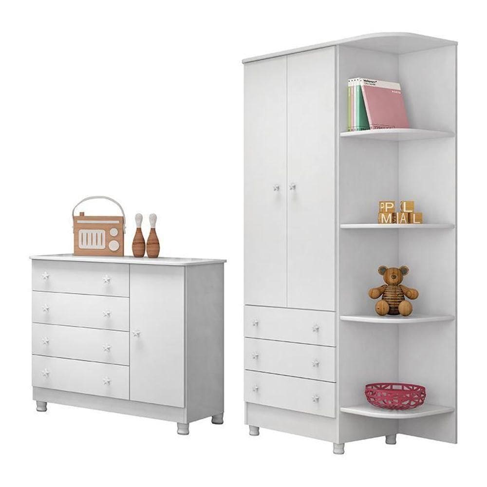 Jogo De Quarto Doce Sonho Guarda Roupa 2 Portas E Cômoda 1 Porta Branco Com Pés - Qmovi Branco