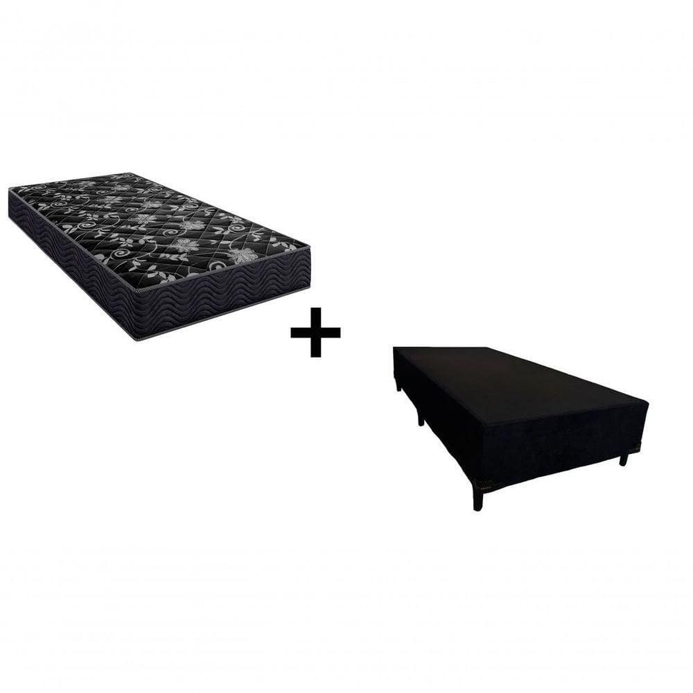 Cama Box Solteiro 88 Tecido Sintético Preto Com Colchão Lisboa Bello Box Espuma D28 Preto
