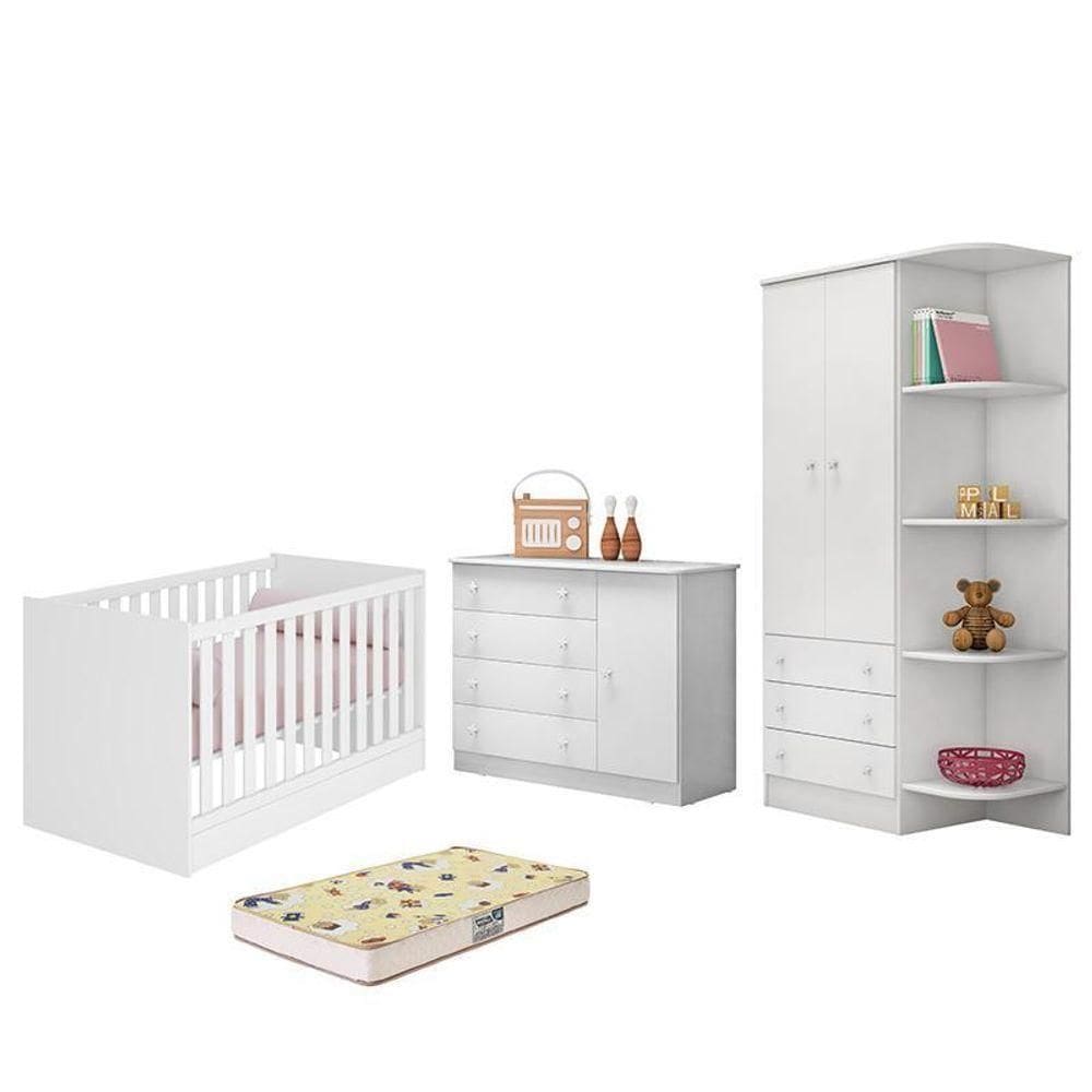 Dormitório Infantil Doce Sonho 2 Portas, Cômoda 1 Porta, Berço Mini Cama Branco E Colchão - Qmovi Branco