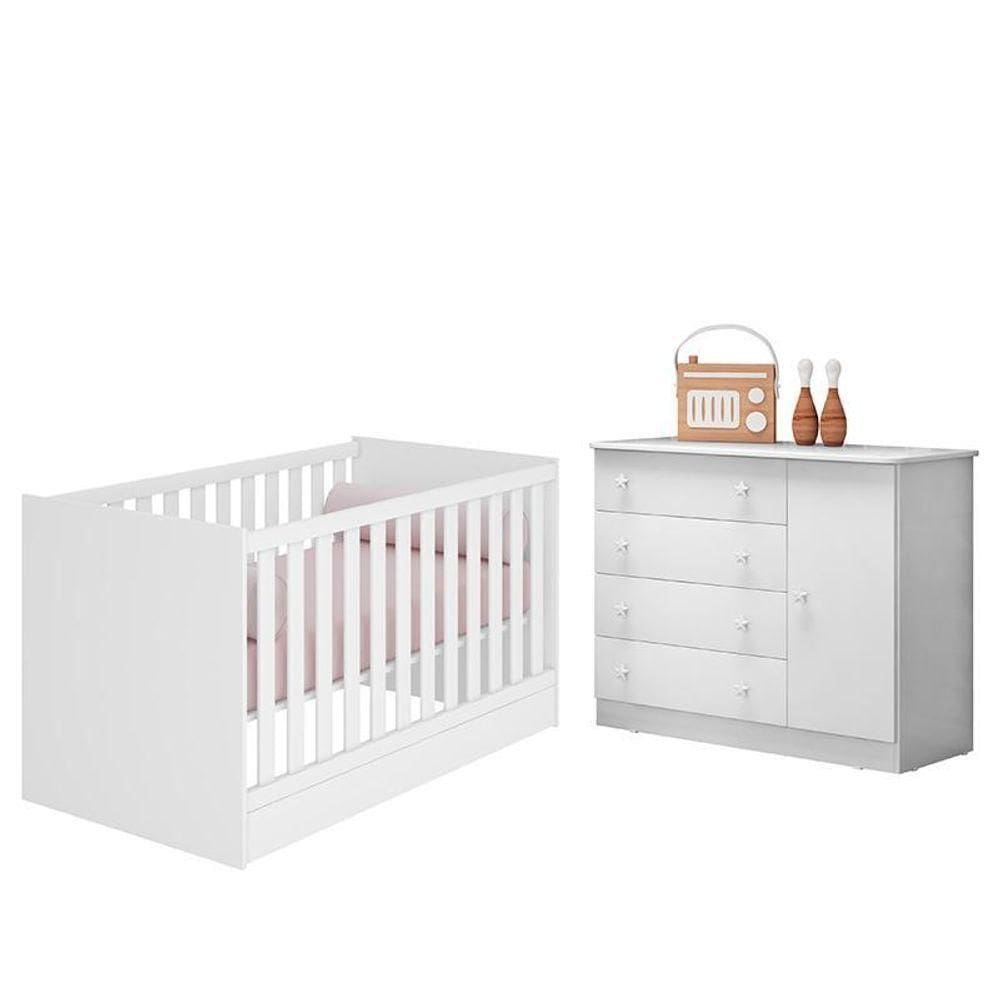 Jogo De Quarto Infantil Doce Sonho Cômoda 1 Porta E Berço Mini Cama Branco - Qmovi Branco