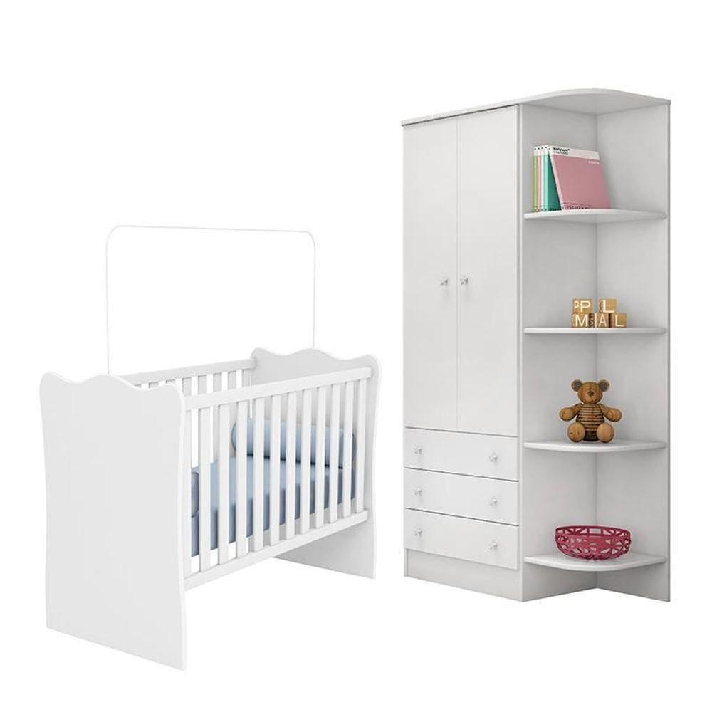 Jogo De Quarto Infantil Doce Sonho Guarda Roupa 2 Portas E Berço Branco - Qmovi Branco