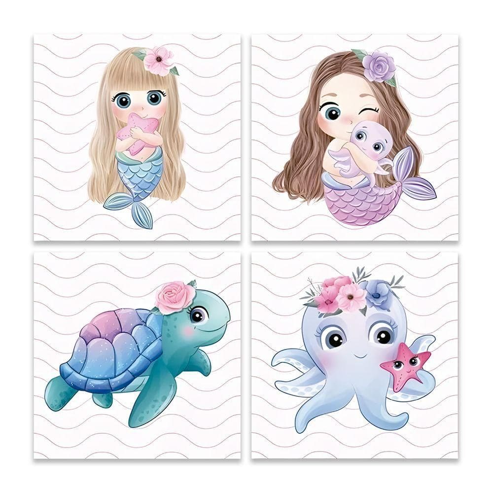 Kit 4 Quadros Sereia Infantil Quarto Menina Placas Mdf