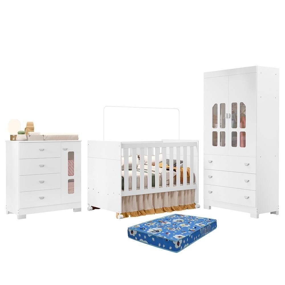 Dormitório Infantil New Katatau Guarda Roupa, Cômoda E Berço Branco Brilho Com Colchão Baby Physical - Reller Móveis Branco Brilho