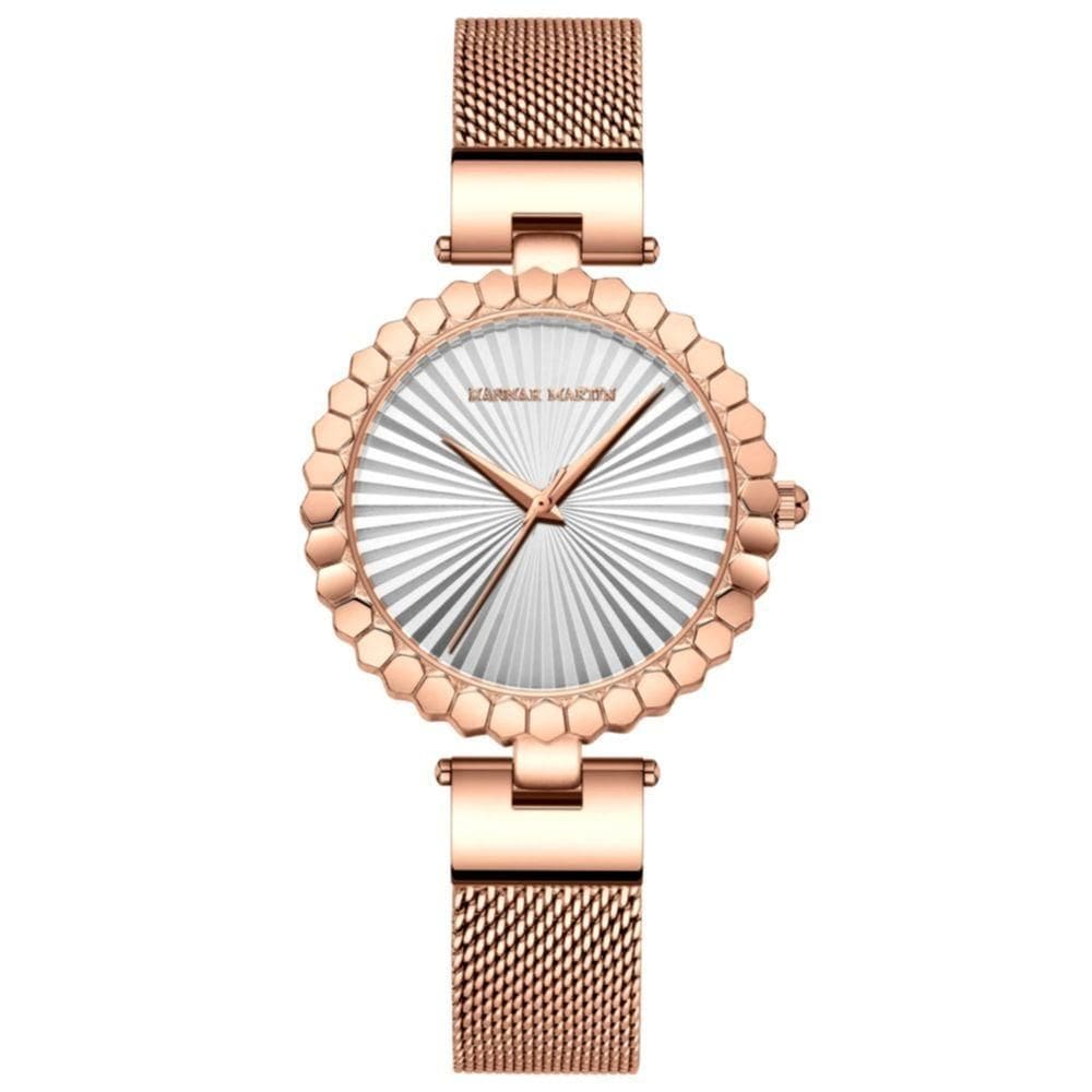 Relógio Feminino Movimento Quartzo Pulseira Em Malha De Aço Inoxidável Casual Branco Dourado