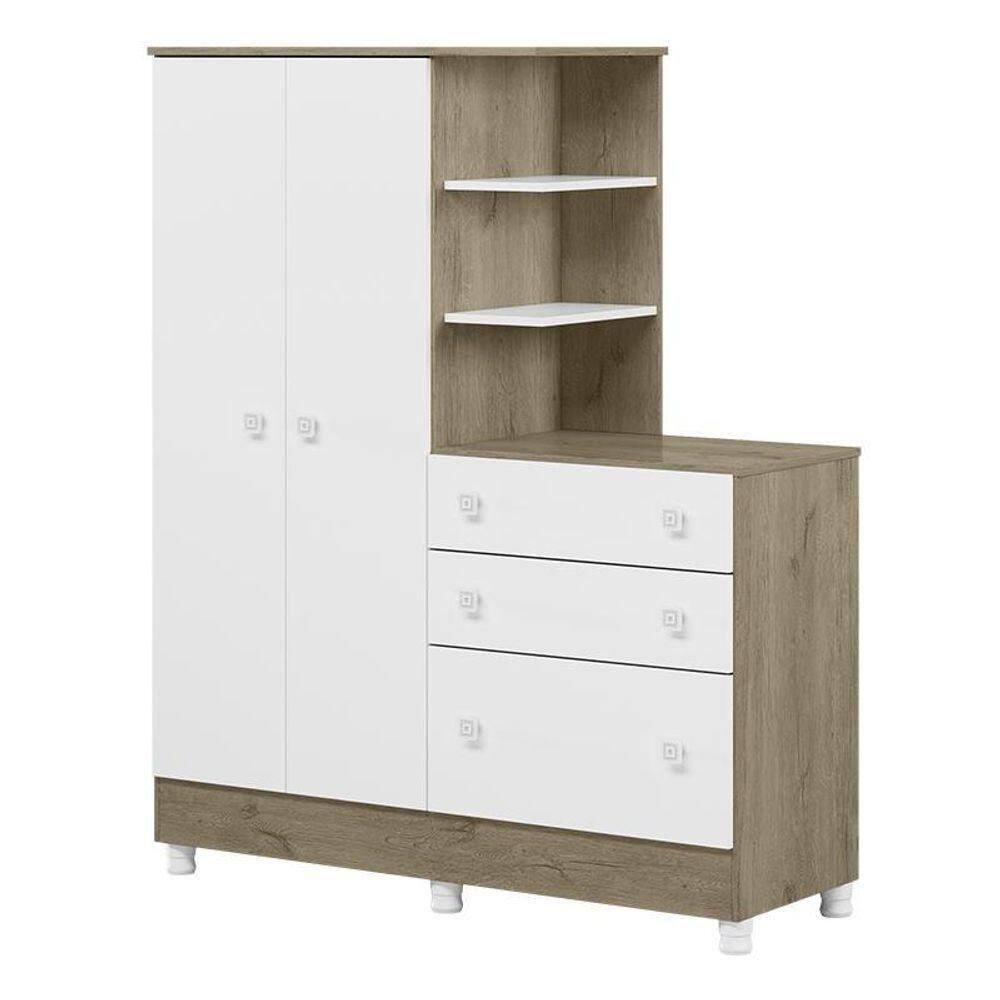 Guarda Roupa Com Cômoda Infantil Doce Sonho 2 Portas E 3 Gavetas Carvalho/branco Com Pés - Qmovi Carvalho/branco