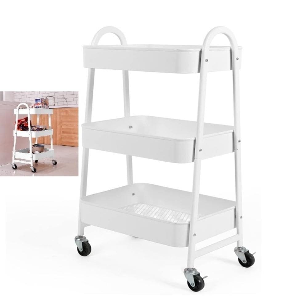 Carrinho Multiuso Organizador Brinquedos Sala Cozinha Manicure 3 Prateleiras Auxiliar Em Aço Branco