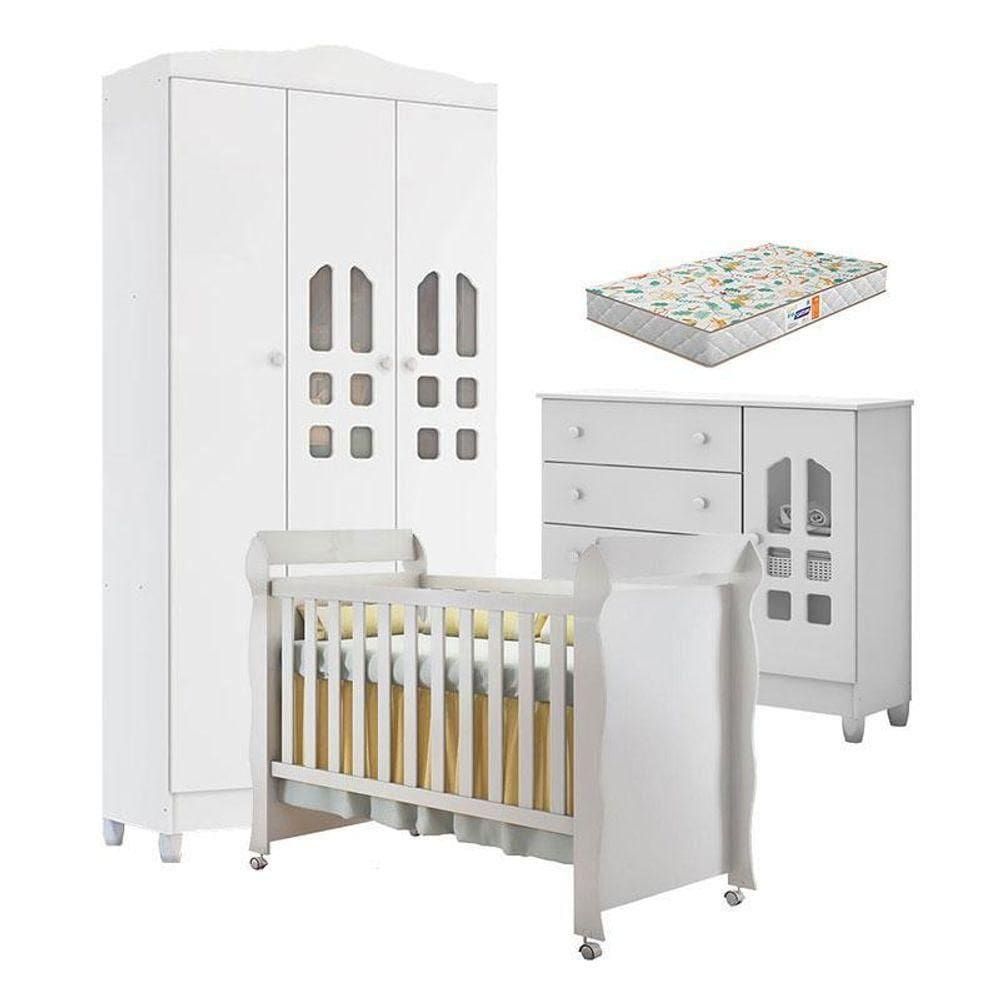 Quarto De Bebê New Selena 3 Portas Com Cômoda Selena E Berço Mirelle Branco Brilho E Colchão Gazin – Carolina Móveis