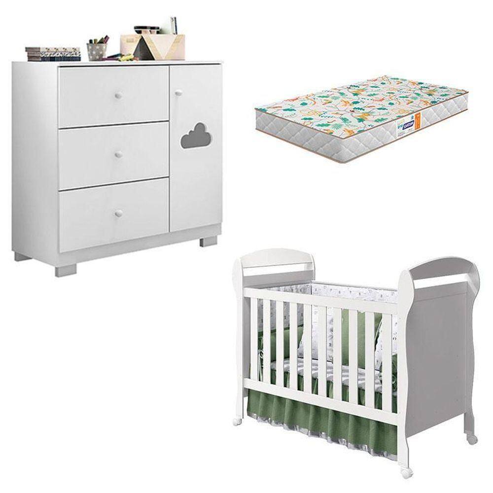 Berço Americano Danny E Cômoda Infantil Ane Branco Brilho Com Colchão Gazin – Phoenix Baby