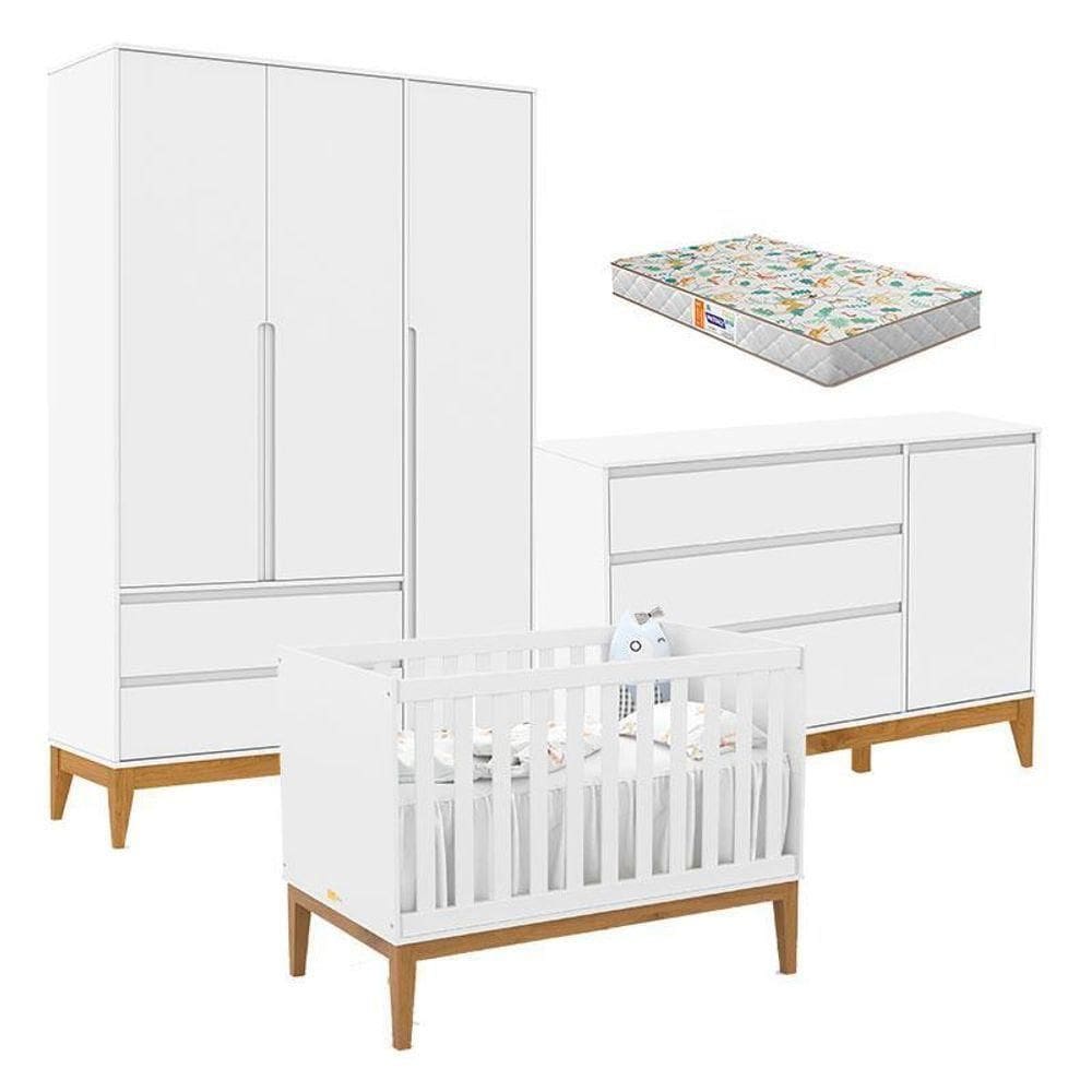 Quarto De Bebê Nature Clean 3 Portas Com Berço Unique Branco Soft Eco Wood E Colchão Gazin – Matic