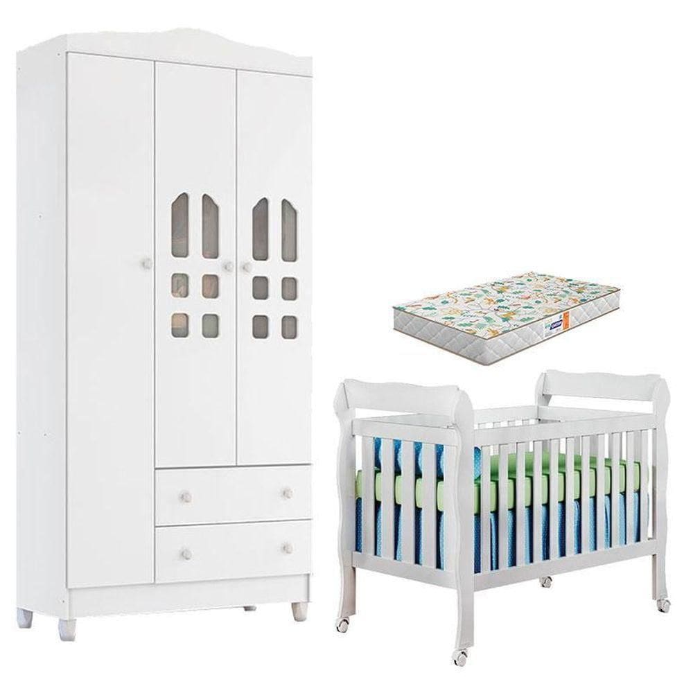 Berço Americano Lila E Guarda Roupa Infantil New Selena 3 Portas Branco Brilho Com Colchão Gazin – Carolina Móveis