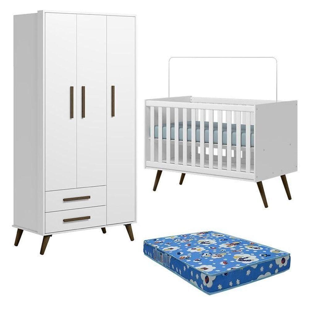 Berço Americano 3820 E Guarda Roupa 3830 Retrô Branco Acetinado Com Colchão Ortobom - Qmovi