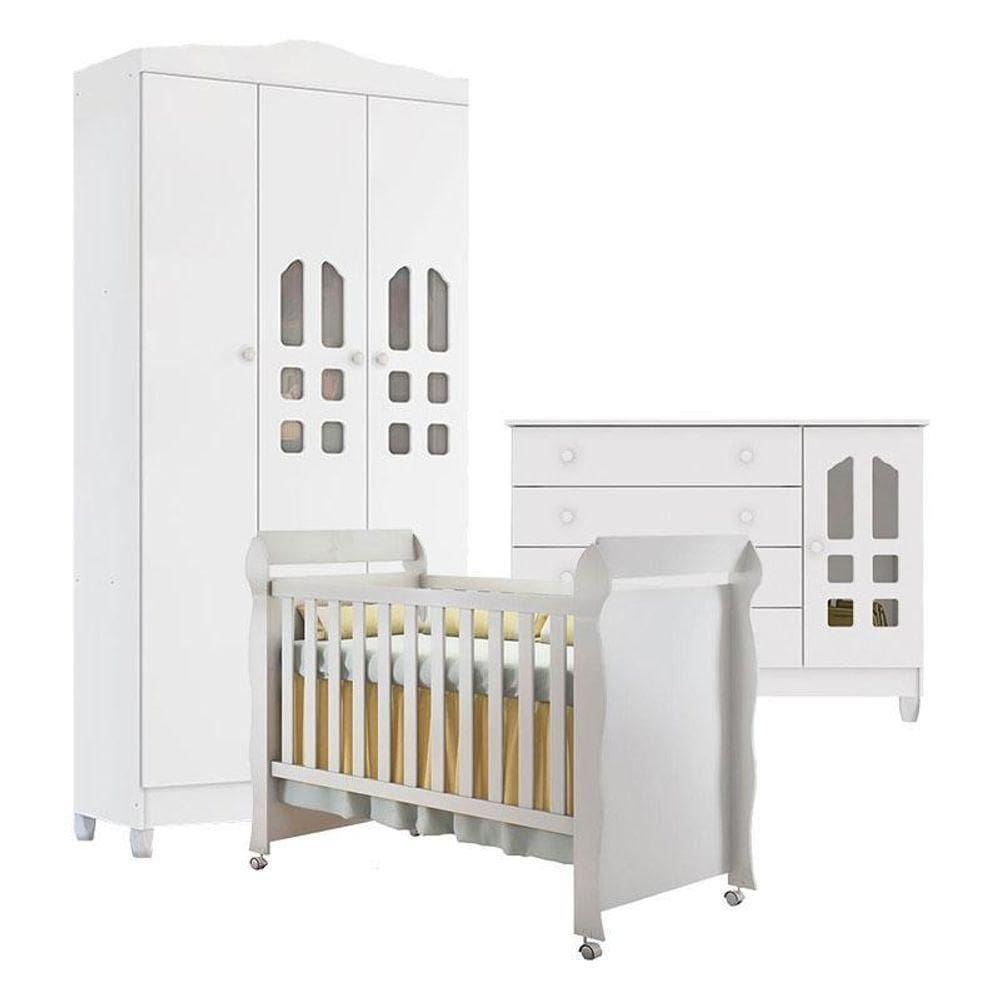 Quarto De Bebê New Selena 3 Portas Com Cômoda Gran Selena E Berço Mirelle Branco Brilho – Carolina Móveis