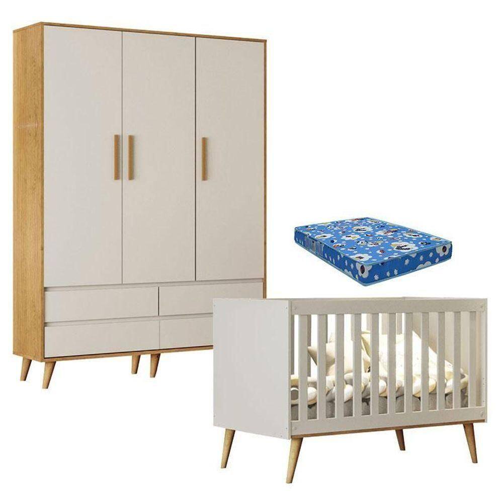 Berço Americano Ludmila E Guarda Roupa Infantil Lorena 3 Portas Off White Bétula Com Colchão Ortobom - Carolina Baby