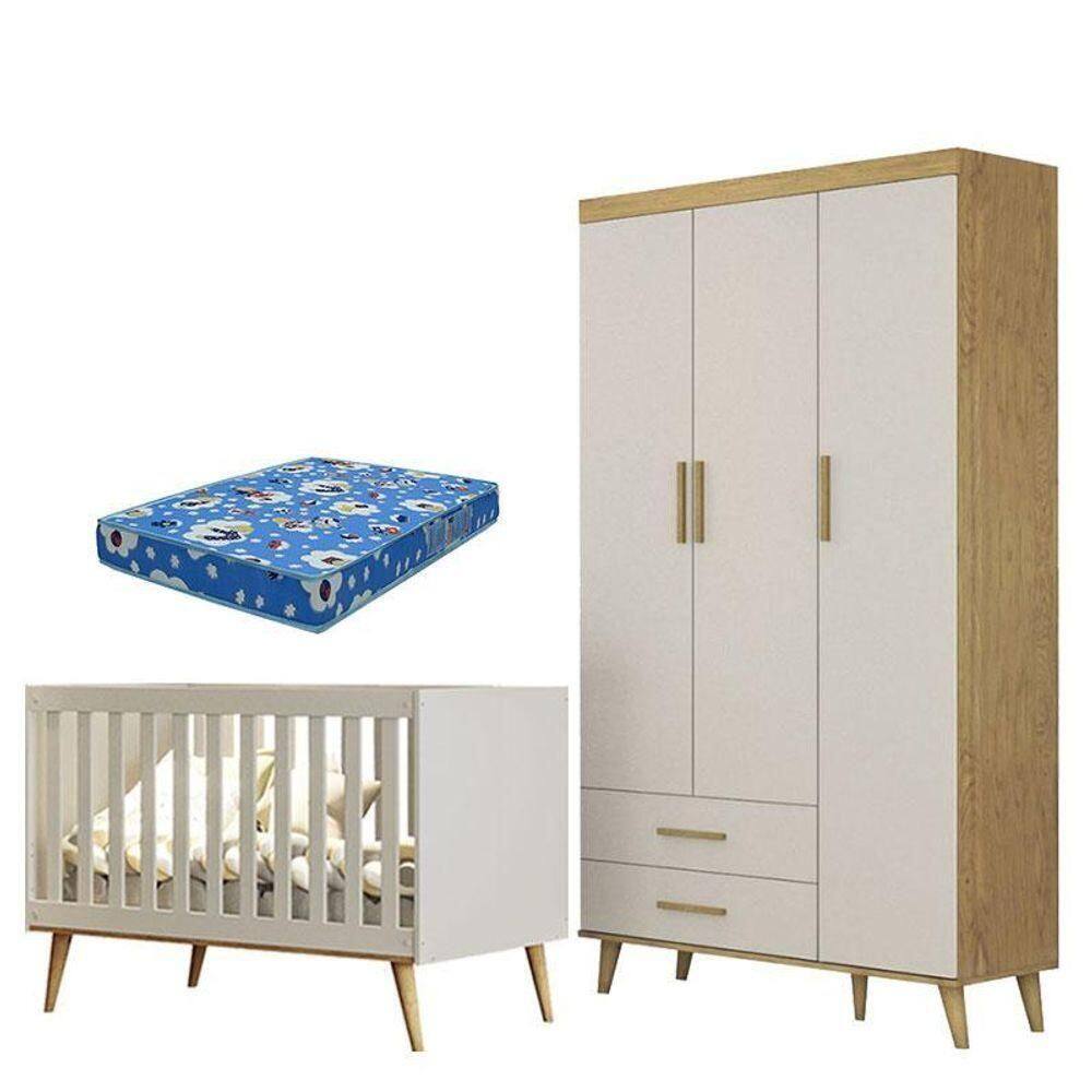 Berço Americano E Guarda Roupa Infantil Ludmila Off White Bétula Com Colchão Ortobom - Carolina Baby