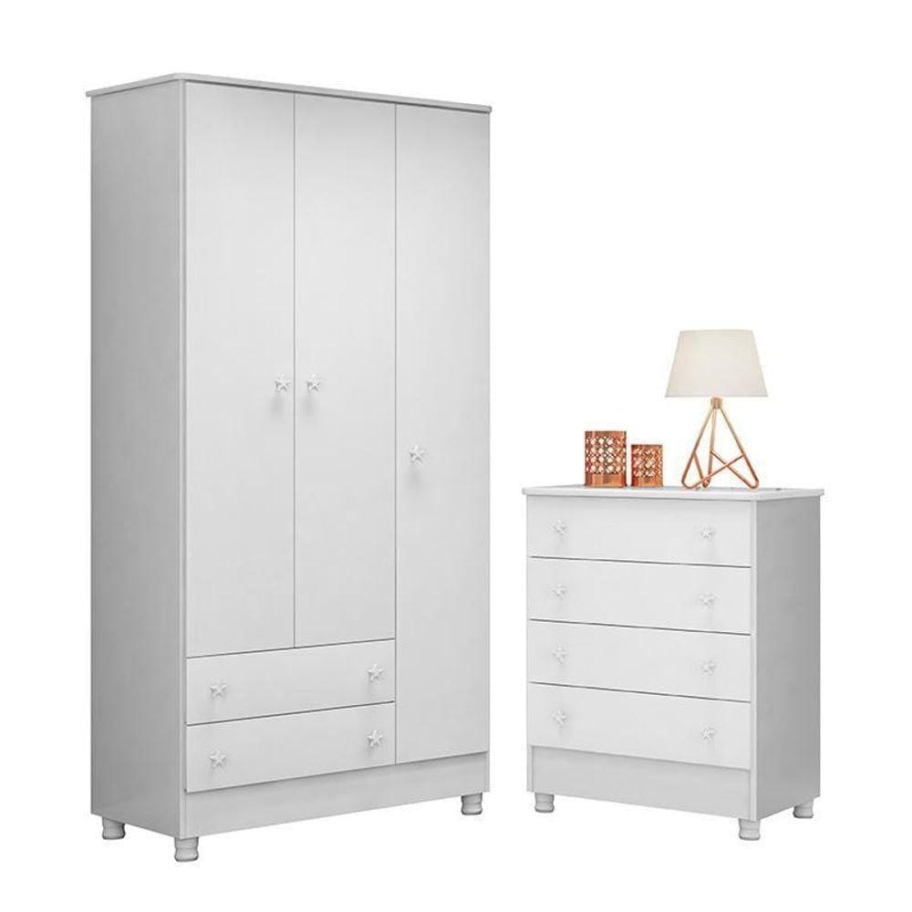 Jogo De Quarto Doce Sonho Guarda Roupa 3 Portas E Cômoda 4 Gavetas Branco Com Pés - Qmovi Branco