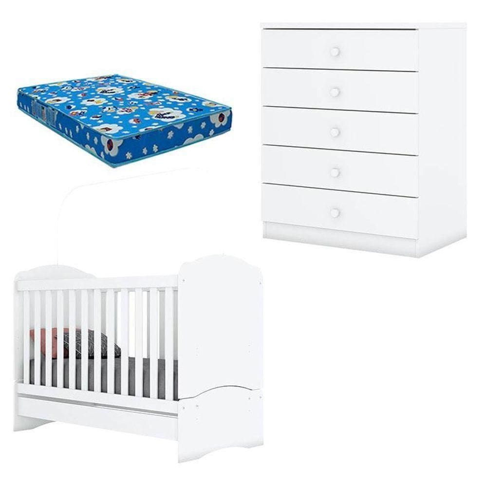 Berço Bala De Menta E Cômoda Infantil Pique-esconde Branco Com Colchão Ortobom – Henn