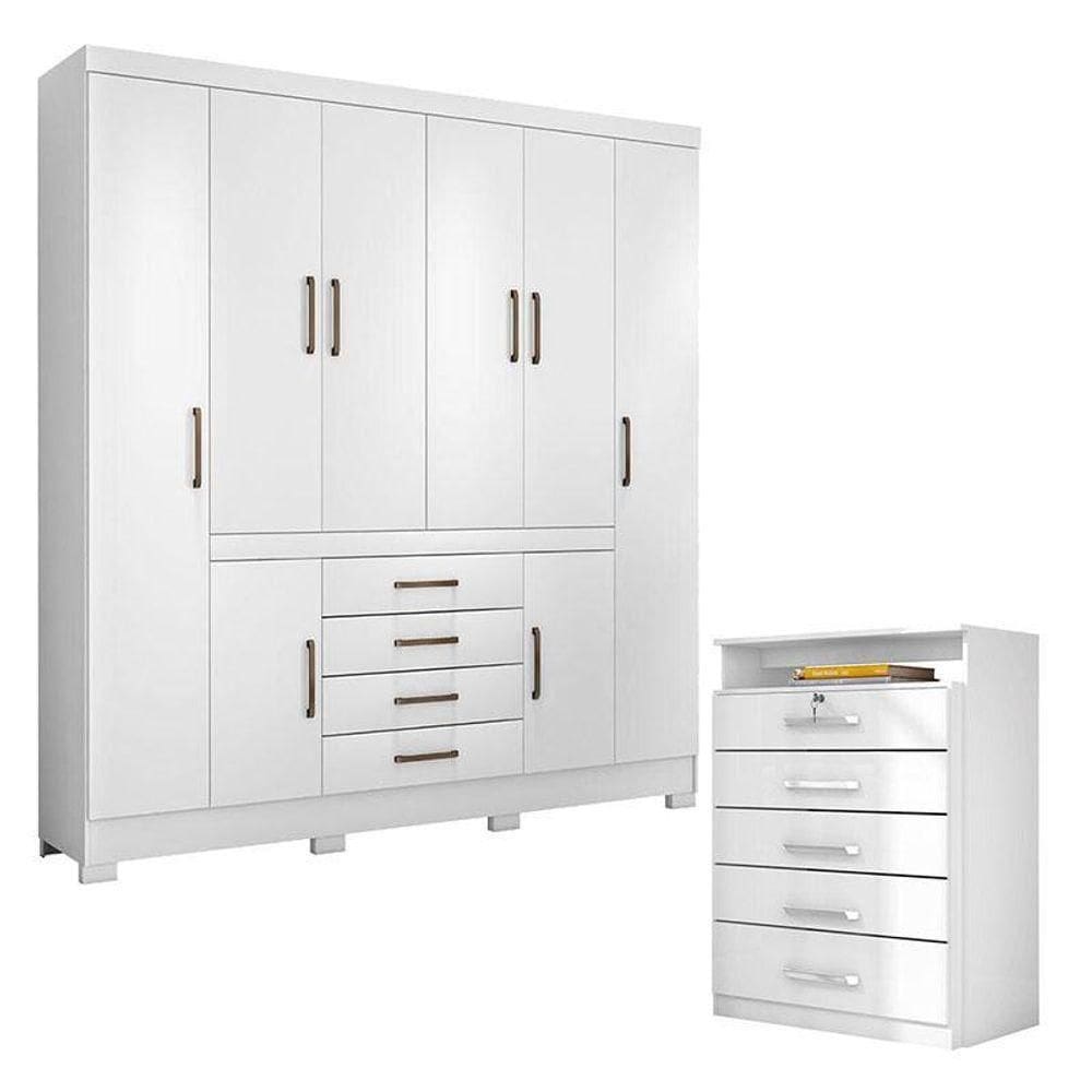 Cômoda Triunfo E Guarda Roupa Casal New Realce Branco - Demóbile
