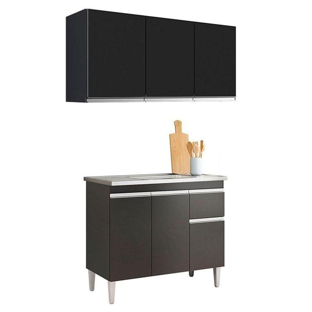 Balcão De Pia Tatiane 100cm E Armário Aéreo Andréia 3 Portas Preto Fosco - Ajl