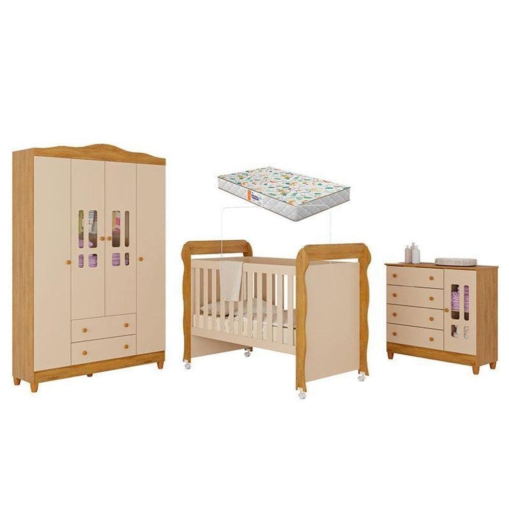 Quarto De Bebê Ariel 4 Portas Com Berço Americano Mirelle Off White Bétula Com Colchão Gazin –carolina Baby