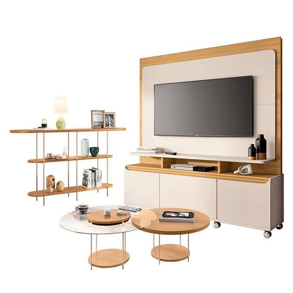 Estante Home Theater Quantum Off White Cinamomo E Aparador Infinity E Kit Mesa De Centro Sky Cinamomo– Hb Móveis