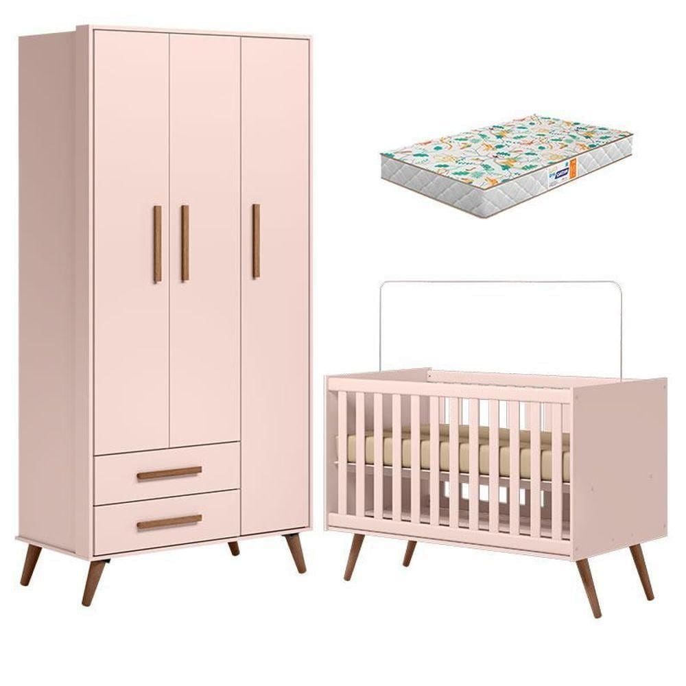 Berço Americano 3820 E Guarda Roupa Roupa 3830 Retrô Rosa Com Colchão Da Gazin - Qmovi